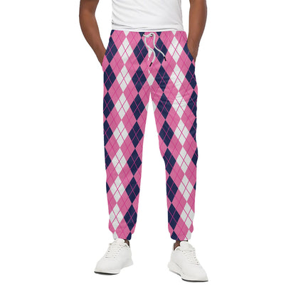 Pink White And Blue Argyle Pattern Print Cotton Pants