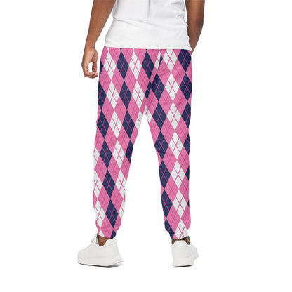 Pink White And Blue Argyle Pattern Print Cotton Pants
