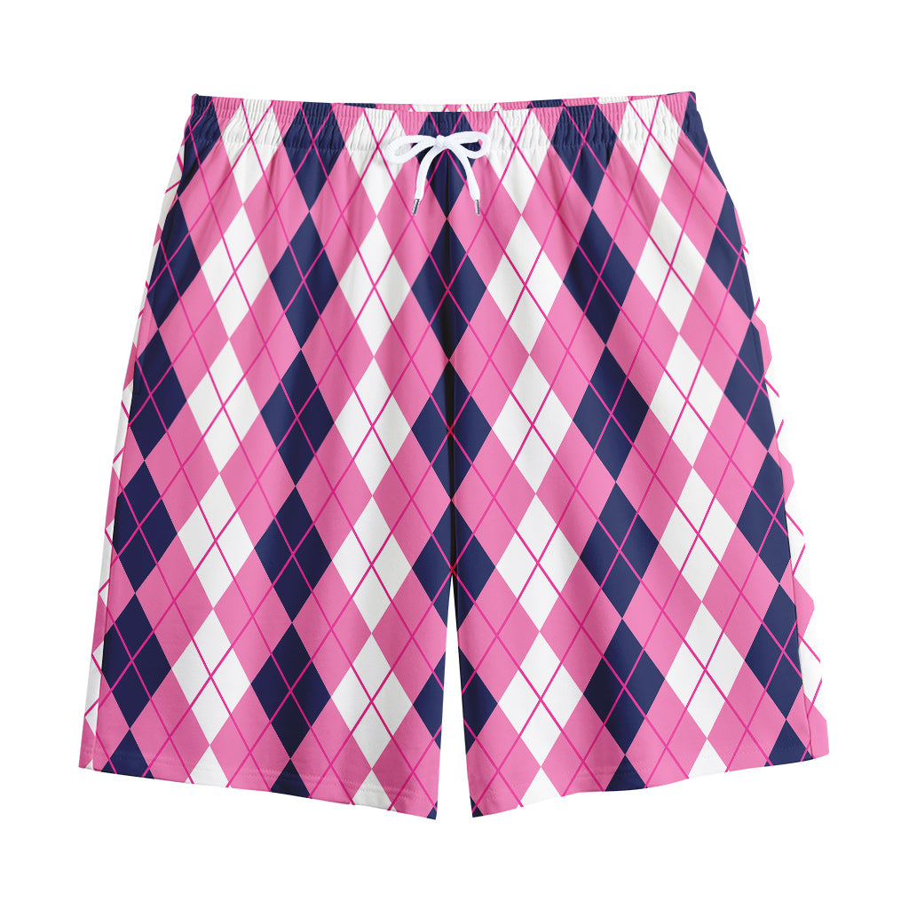Pink White And Blue Argyle Pattern Print Cotton Shorts