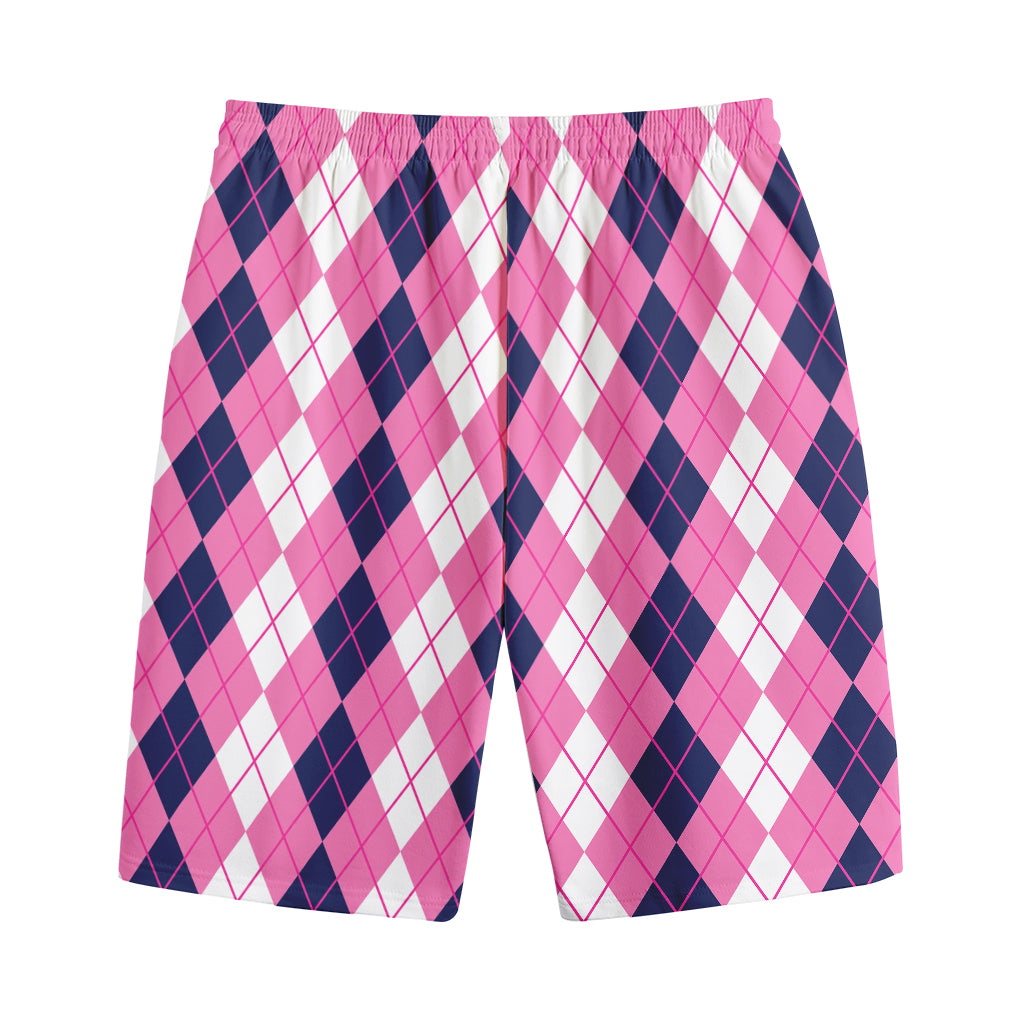 Pink White And Blue Argyle Pattern Print Cotton Shorts