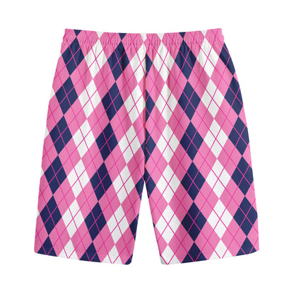Pink White And Blue Argyle Pattern Print Cotton Shorts
