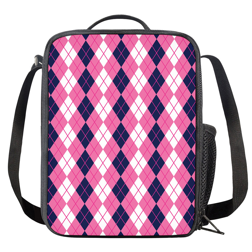 Pink White And Blue Argyle Pattern Print Crossbody Lunch Bag
