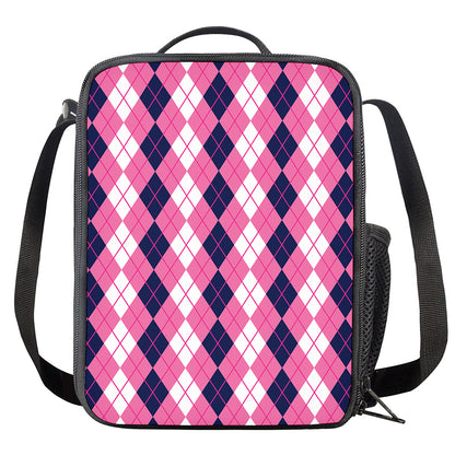 Pink White And Blue Argyle Pattern Print Crossbody Lunch Bag