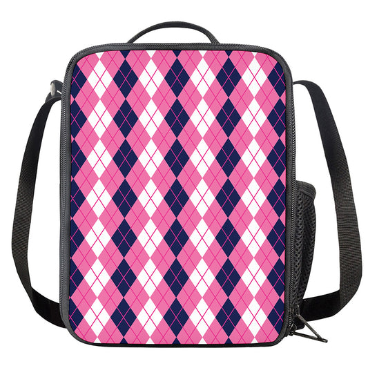 Pink White And Blue Argyle Pattern Print Crossbody Lunch Bag