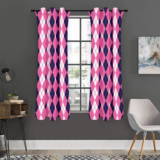 Pink White And Blue Argyle Pattern Print Curtain