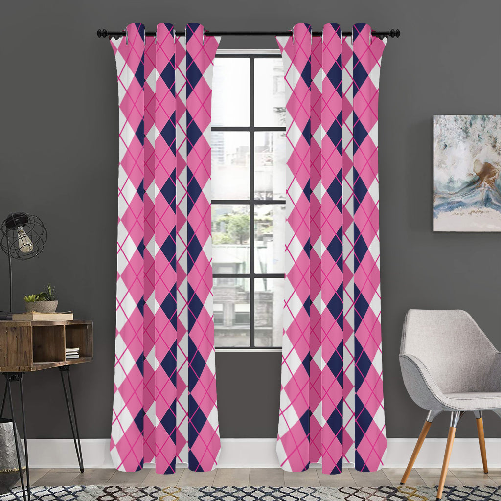 Pink White And Blue Argyle Pattern Print Curtain