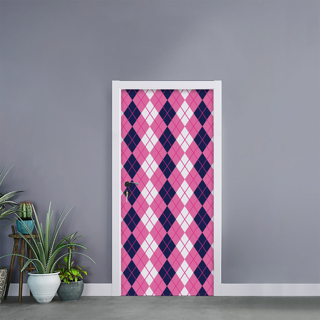 Pink White And Blue Argyle Pattern Print Door Sticker