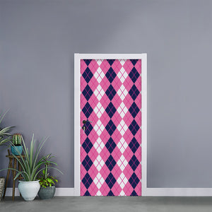 Pink White And Blue Argyle Pattern Print Door Sticker