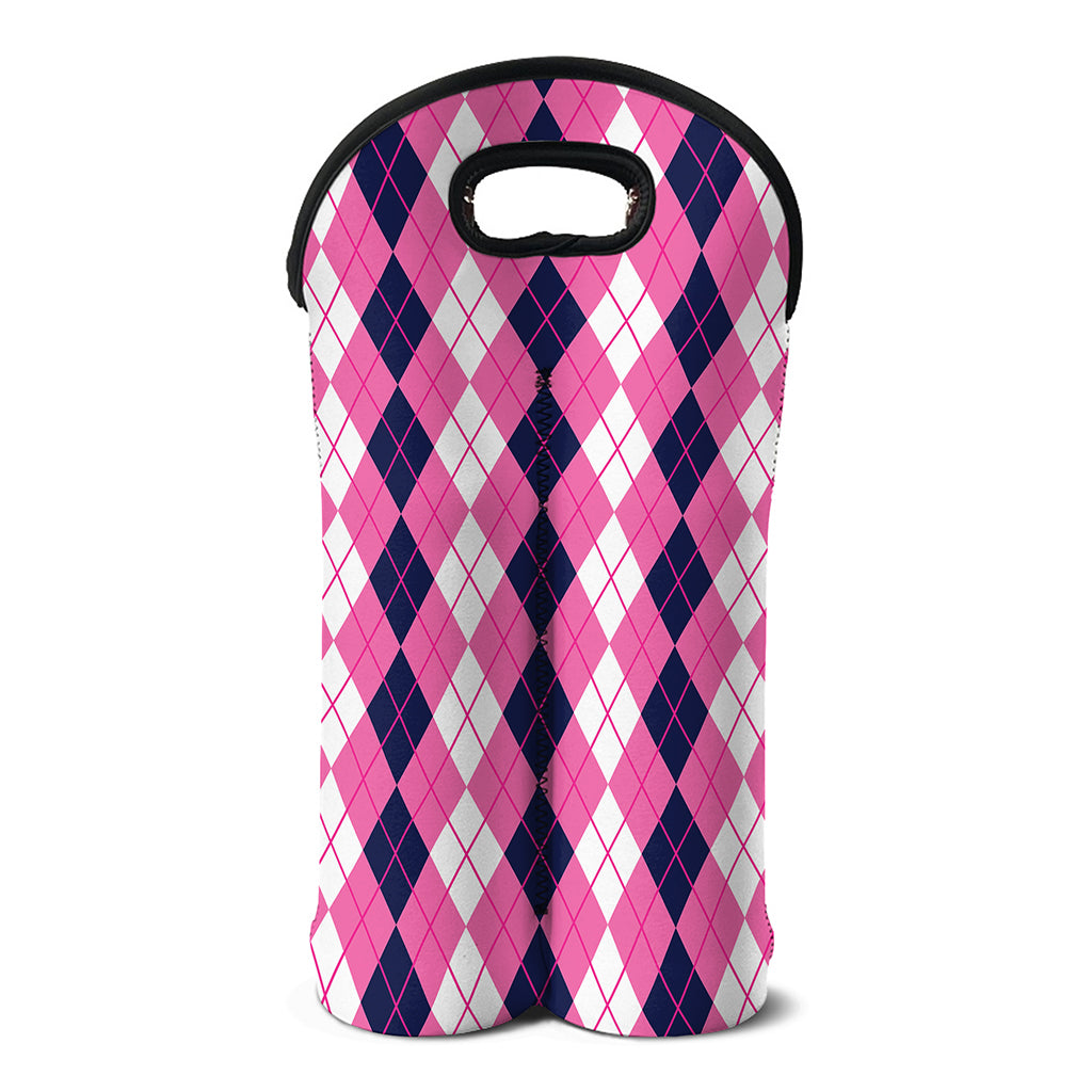 Pink White And Blue Argyle Pattern Print Double Neoprene Wine Tote
