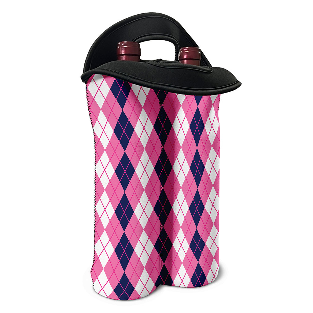 Pink White And Blue Argyle Pattern Print Double Neoprene Wine Tote