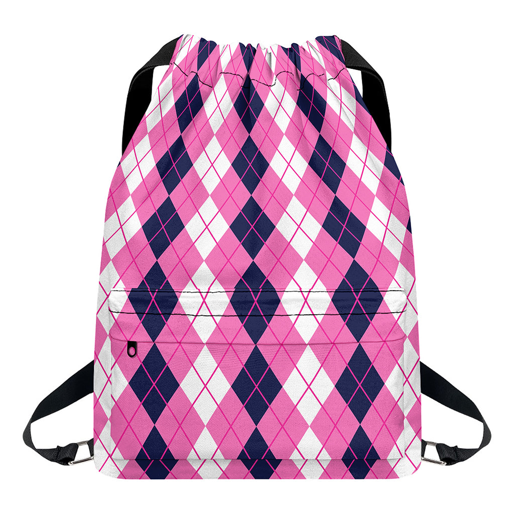 Pink White And Blue Argyle Pattern Print Drawstring Backpack