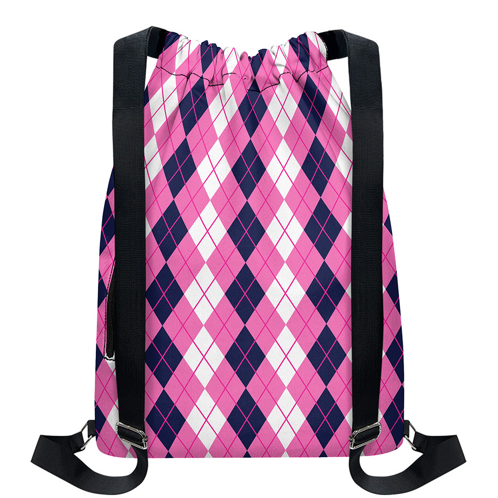 Pink White And Blue Argyle Pattern Print Drawstring Backpack