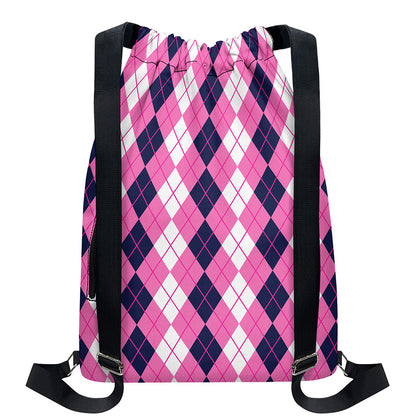 Pink White And Blue Argyle Pattern Print Drawstring Backpack