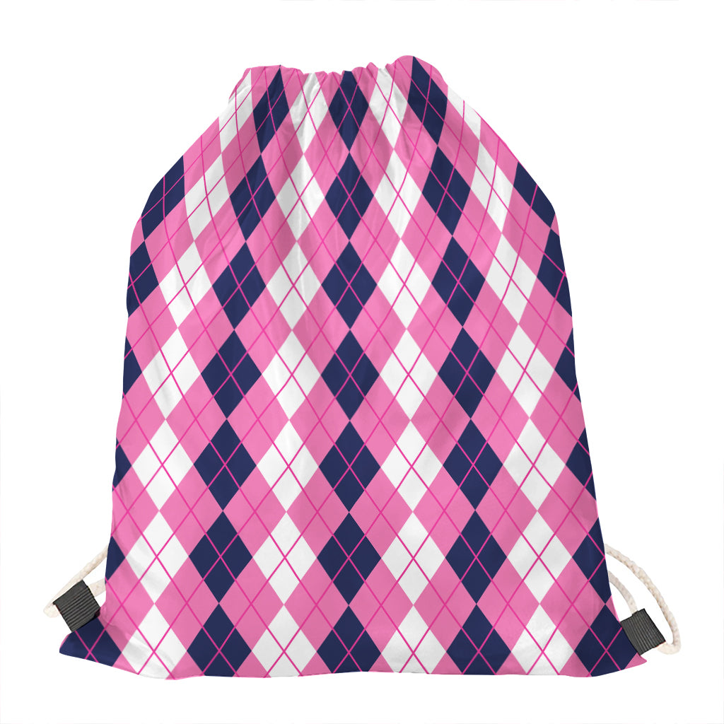 Pink White And Blue Argyle Pattern Print Drawstring Bag