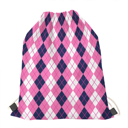 Pink White And Blue Argyle Pattern Print Drawstring Bag