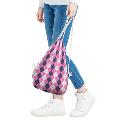 Pink White And Blue Argyle Pattern Print Drawstring Bag