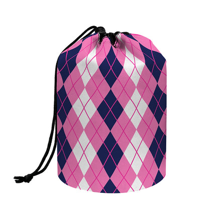 Pink White And Blue Argyle Pattern Print Drawstring Makeup Bag