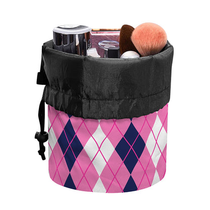 Pink White And Blue Argyle Pattern Print Drawstring Makeup Bag
