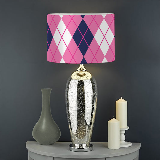 Pink White And Blue Argyle Pattern Print Drum Lamp Shade