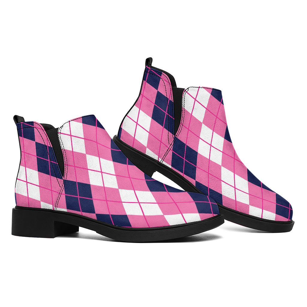 Pink White And Blue Argyle Pattern Print Flat Ankle Boots