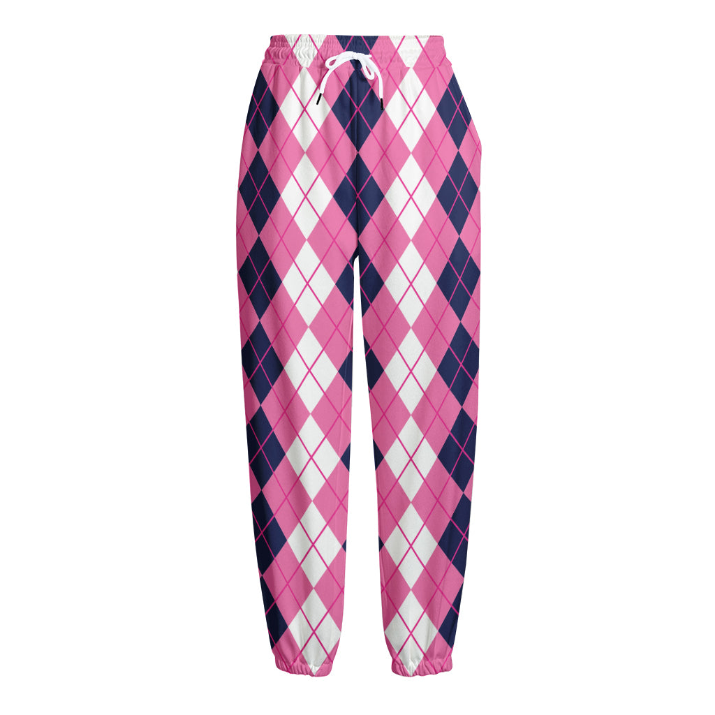 Pink White And Blue Argyle Pattern Print Fleece Lined Knit Pants