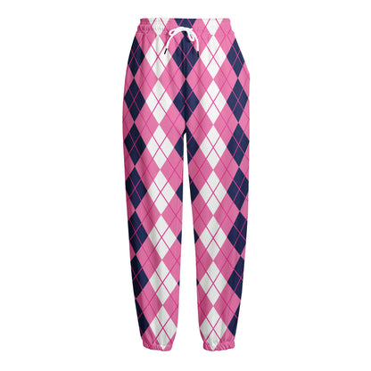 Pink White And Blue Argyle Pattern Print Fleece Lined Knit Pants