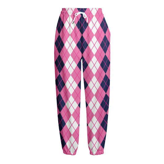 Pink White And Blue Argyle Pattern Print Fleece Lined Knit Pants