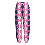 Pink White And Blue Argyle Pattern Print Fleece Lined Knit Pants