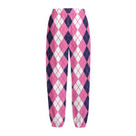 Pink White And Blue Argyle Pattern Print Fleece Lined Knit Pants