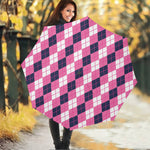 Pink White And Blue Argyle Pattern Print Foldable Umbrella