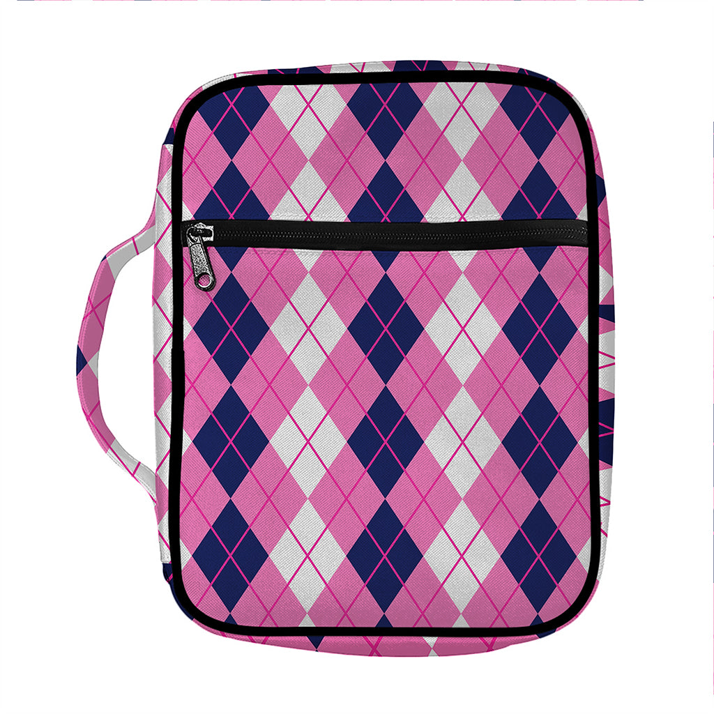 Pink White And Blue Argyle Pattern Print Front Pocket Bible Bag