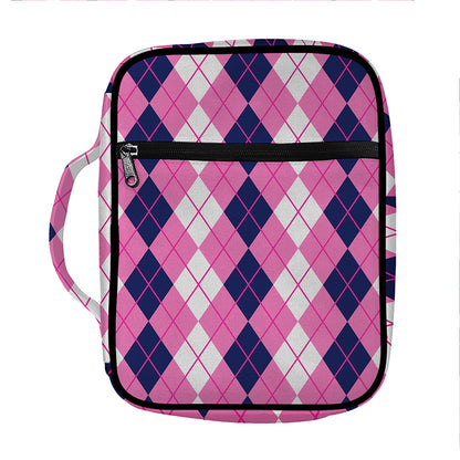 Pink White And Blue Argyle Pattern Print Front Pocket Bible Bag