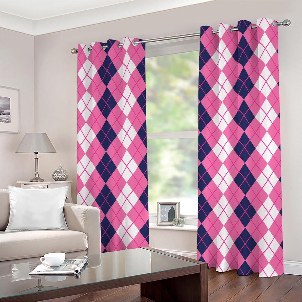 Pink White And Blue Argyle Pattern Print Grommet Curtains