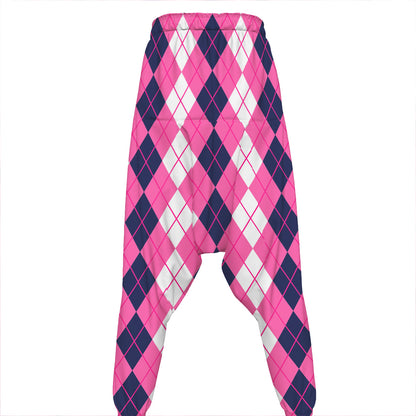 Pink White And Blue Argyle Pattern Print Hammer Pants