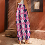 Pink White And Blue Argyle Pattern Print Harem Pants