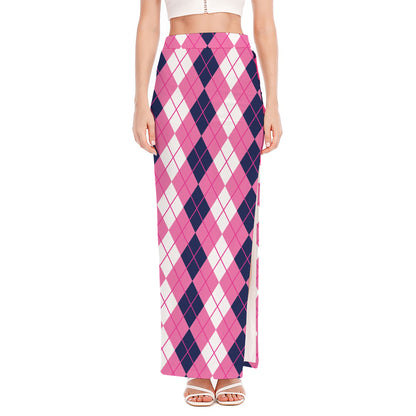 Pink White And Blue Argyle Pattern Print High Slit Maxi Skirt
