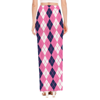 Pink White And Blue Argyle Pattern Print High Slit Maxi Skirt