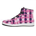 Pink White And Blue Argyle Pattern Print High Top Leather Sneakers