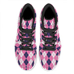 Pink White And Blue Argyle Pattern Print High Top Leather Sneakers