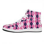 Pink White And Blue Argyle Pattern Print High Top Leather Sneakers