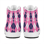 Pink White And Blue Argyle Pattern Print High Top Leather Sneakers