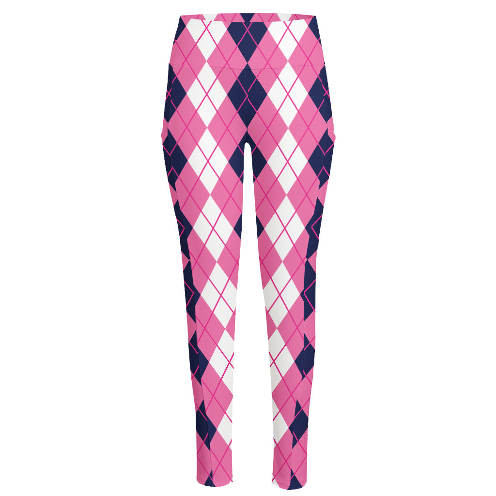 Pink White And Blue Argyle Pattern Print High-Waisted Pocket Leggings