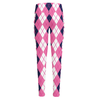 Pink White And Blue Argyle Pattern Print High-Waisted Pocket Leggings