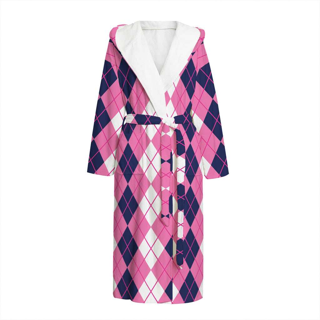 Pink White And Blue Argyle Pattern Print Hooded Bathrobe