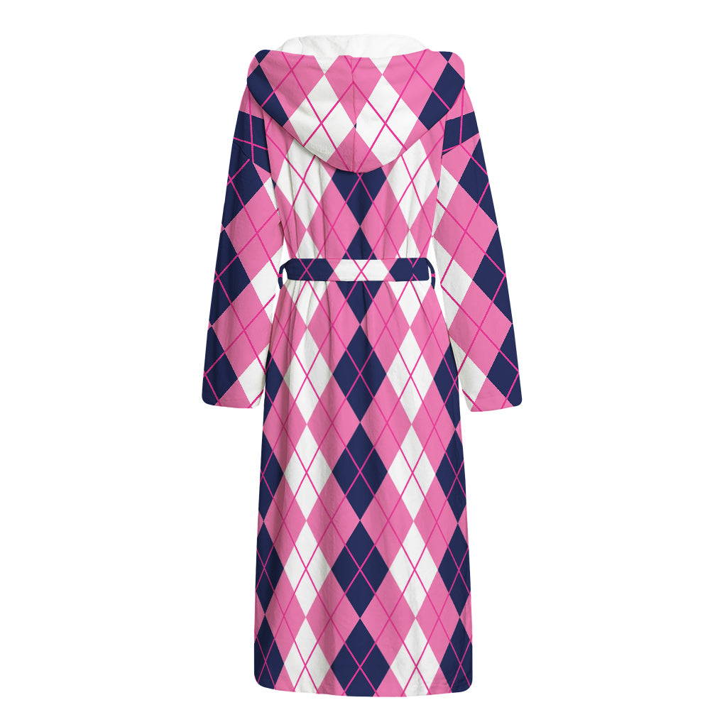 Pink White And Blue Argyle Pattern Print Hooded Bathrobe