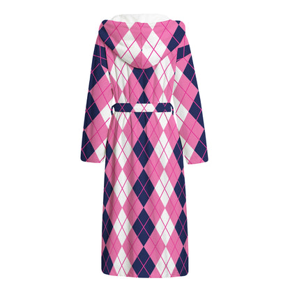 Pink White And Blue Argyle Pattern Print Hooded Bathrobe