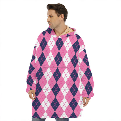 Pink White And Blue Argyle Pattern Print Hoodie Blanket