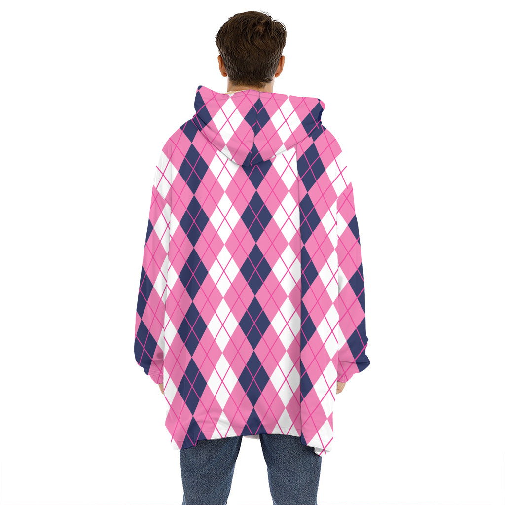 Pink White And Blue Argyle Pattern Print Hoodie Blanket
