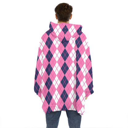 Pink White And Blue Argyle Pattern Print Hoodie Blanket
