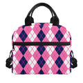 Pink White And Blue Argyle Pattern Print Insulated Lunch Bag